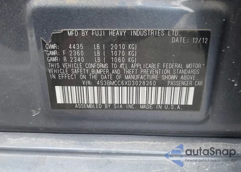 2013 Subaru Legacy 2.5I Premium from USA, damaged, VIN 4S3BMCC6XD3028360